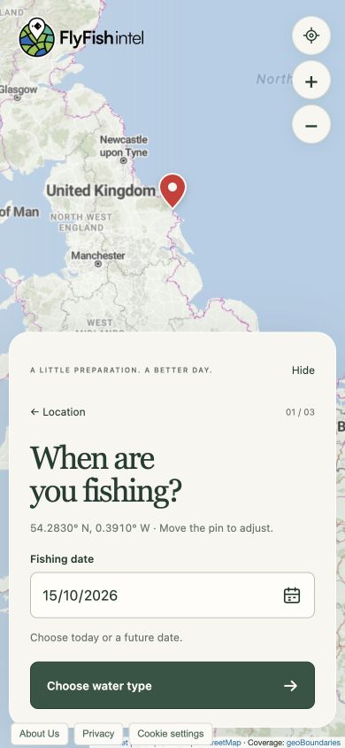 A red pin at Scarborough above the fishing date field and calendar icon.