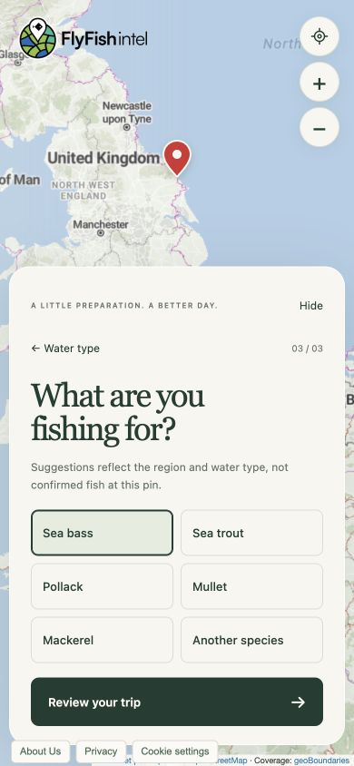 Coastal species choices with Sea bass selected and Another species available.