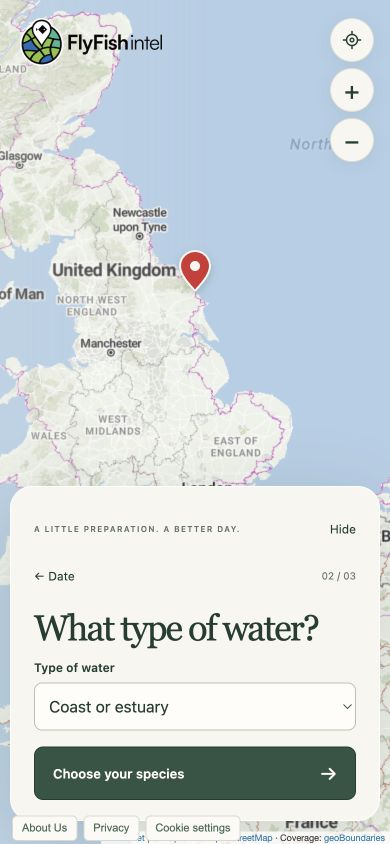 The water-type selector set to Coast or estuary.