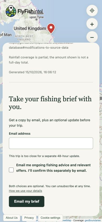 The email delivery form with a blank email address and optional fishing-updates choice.