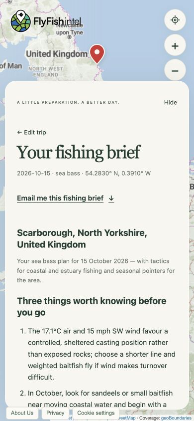 An example personalised fishing brief showing the opening guidance and email shortcut.