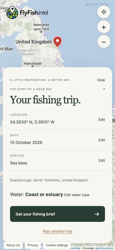 Trip review showing the location, date, Sea bass, Coast or estuary, edit links and Get your fishing brief button.